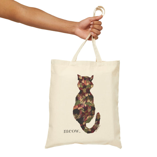 Botanical Meow Cat -Neutral Canvas Tote Bag