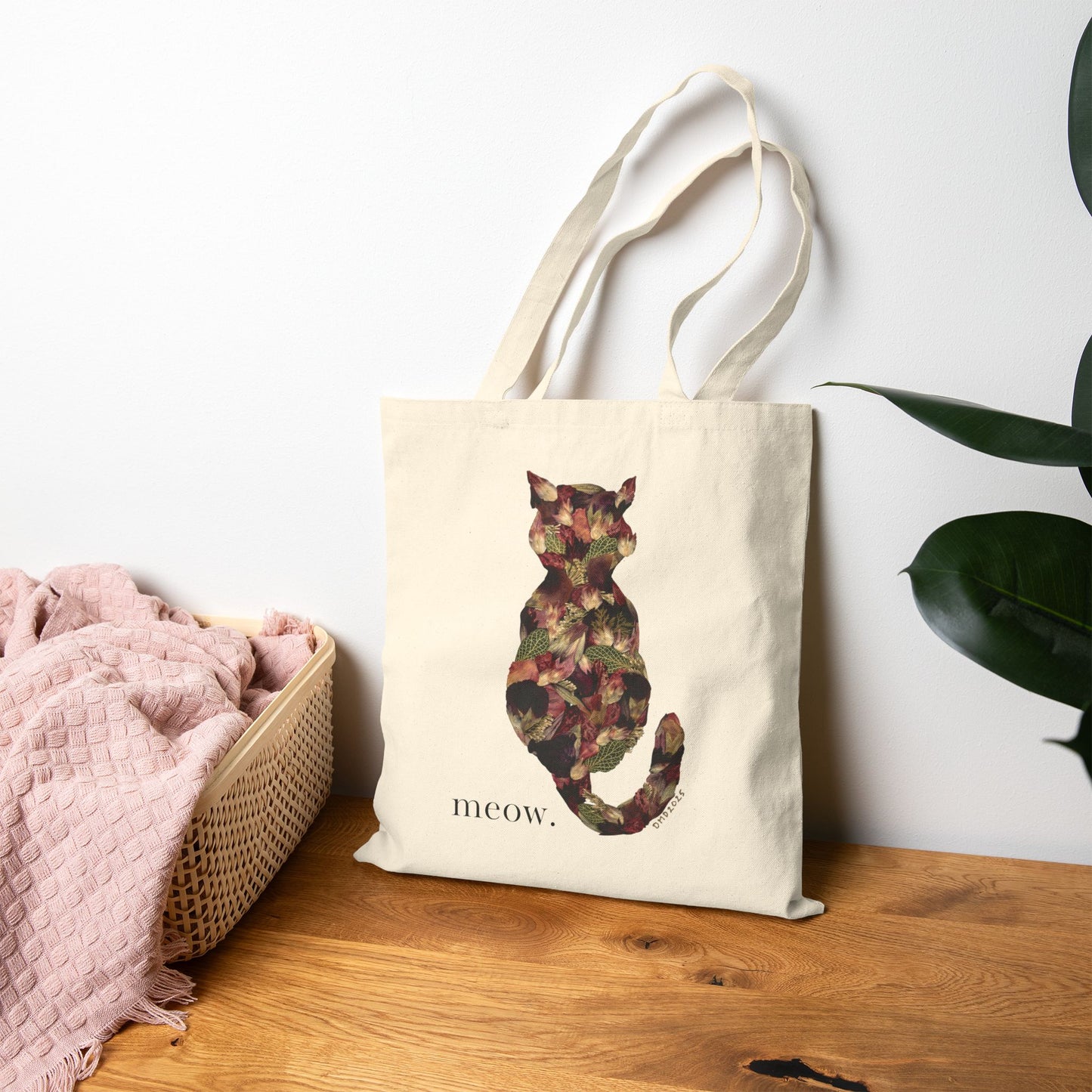 Botanical Meow Cat -Neutral Canvas Tote Bag