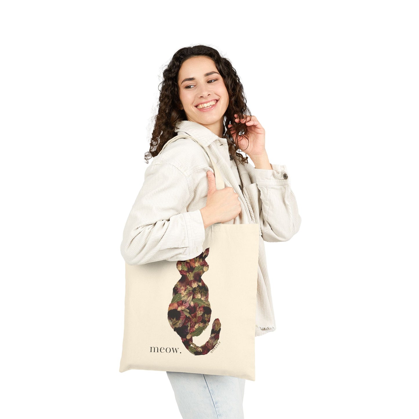 Botanical Meow Cat -Neutral Canvas Tote Bag
